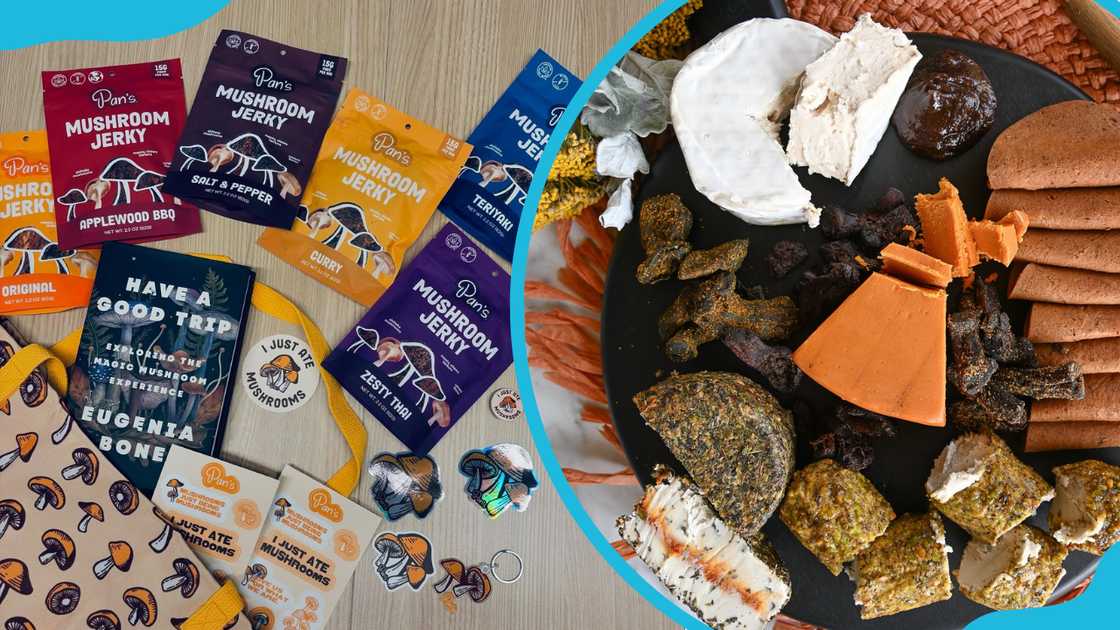 Different Pan's Mushroom Jerky packages and Pan's Mushroom Jerky and other foods on a board