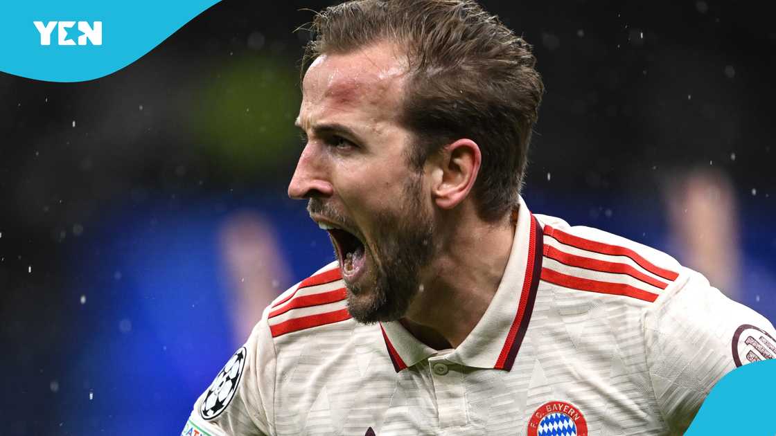 Harry Kane of Bayern Munchen celebrates his goal during the UEFA Champions League 2024/25 Quarter Final Second Leg match between FC Internazionale Milano and FC Bayern München at San Siro on April 16, 2025 in Milan, Italy