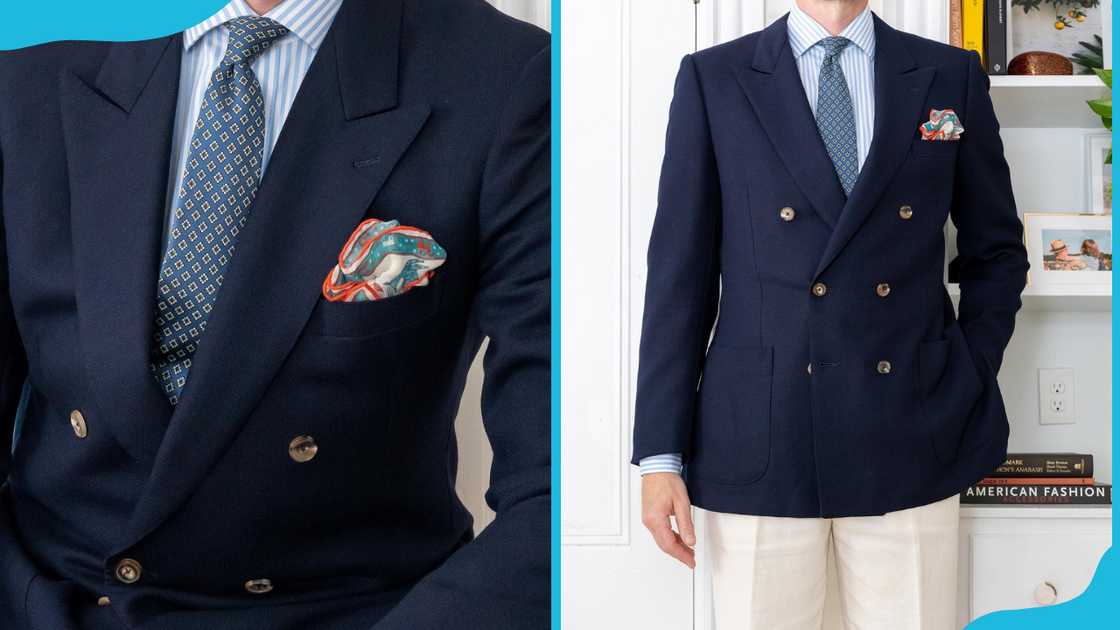 A man in a blue blazer and checked tie with a colourful pocket square and brown dress pants. A man in a blue blazer and checked tie with a colourful pocket square and brown dress pants.