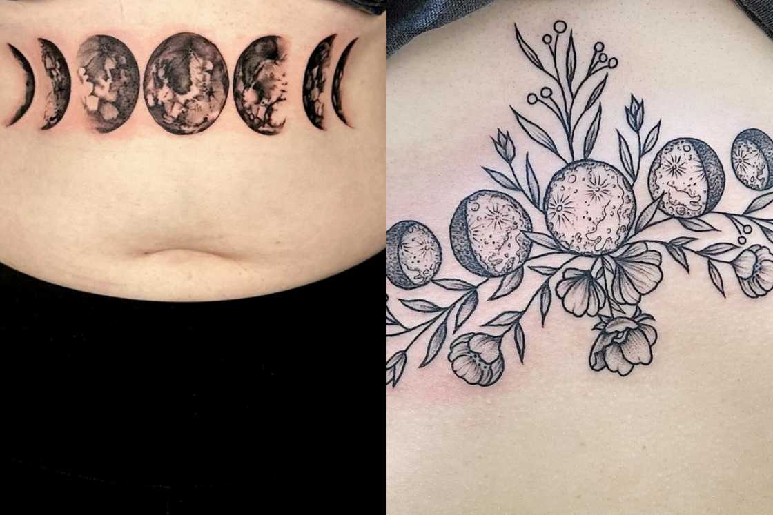 Ladies with black moon phase tattoos on their upper abdomen Ladies with black moon phase tattoos on their upper abdomen