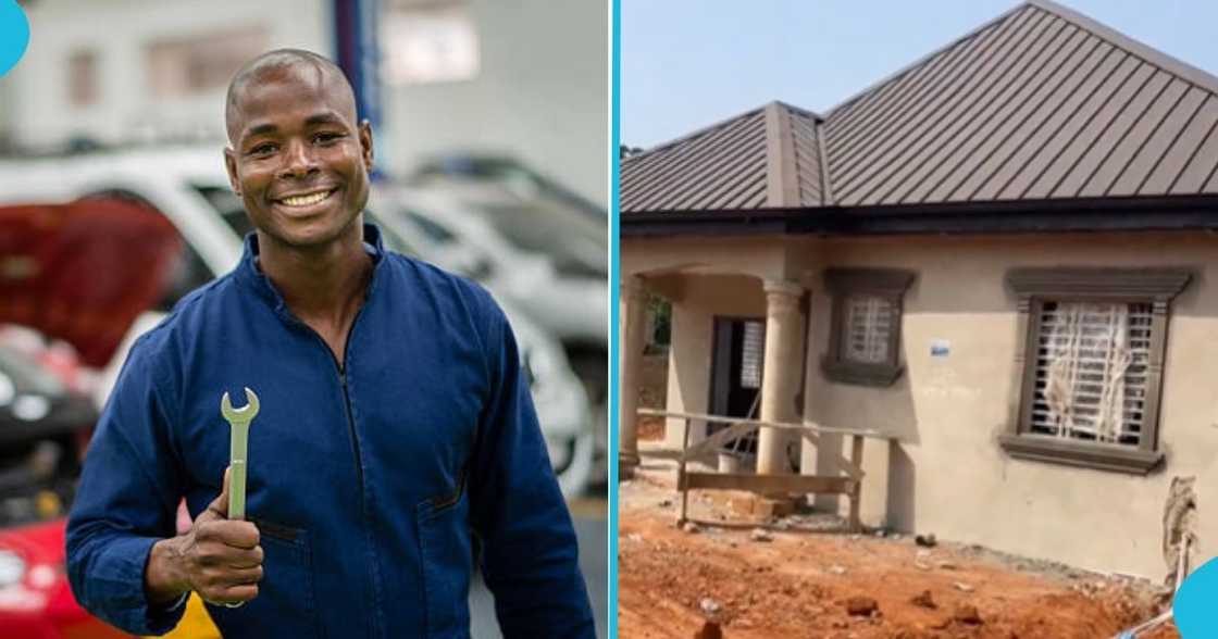 Ghanaian man, auto mechanic, building project, construction site, three-bedroom house