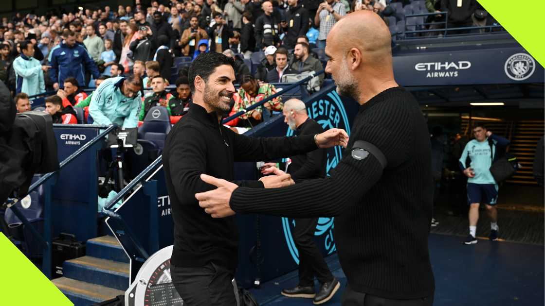 Mikel Arteta and Pep Guardiola ahead of Manchester City vs Arsenal at the Etihad Stadium. Mikel Arteta and Pep Guardiola ahead of Manchester City vs Arsenal at the Etihad Stadium.