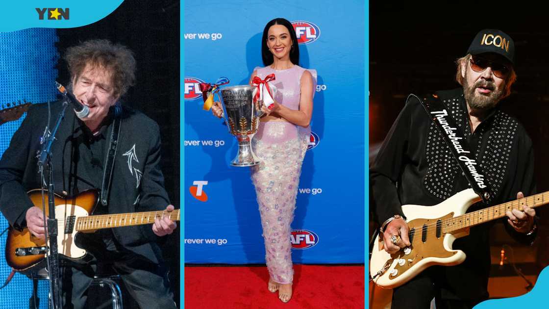 Bob Dylan (L), Katy Perry (M), and Hank Williams (R) are among the artists who sang about animals.