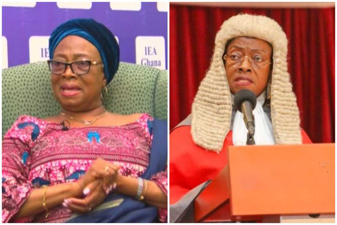 Sophia A. B. Akuffo is wearing a headband (L), and her in a white wig (R) Sophia A. B. Akuffo is wearing a headband (L), and her in a white wig (R)