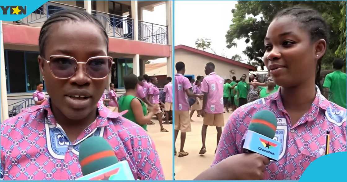 Photo of two Delcam SHS students speaking after writing WASSCE Oral English paper. Photo of two Delcam SHS students speaking after writing WASSCE Oral English paper.