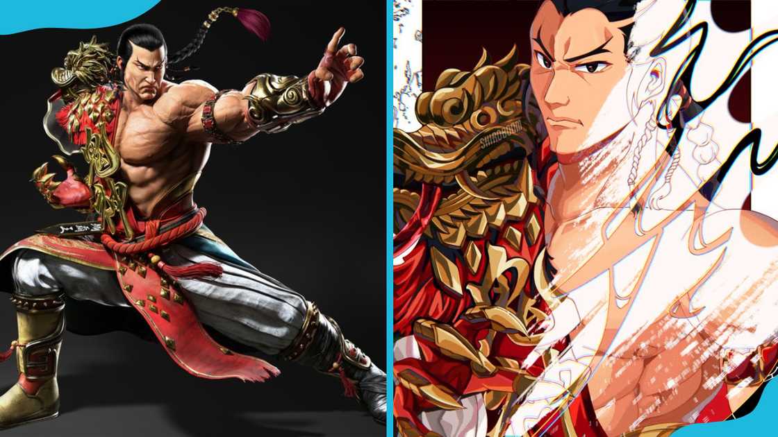 Feng Wei in traditional martial arts attire with red and gold accents (L) and an artistic, stylised illustration of the fighter (R).