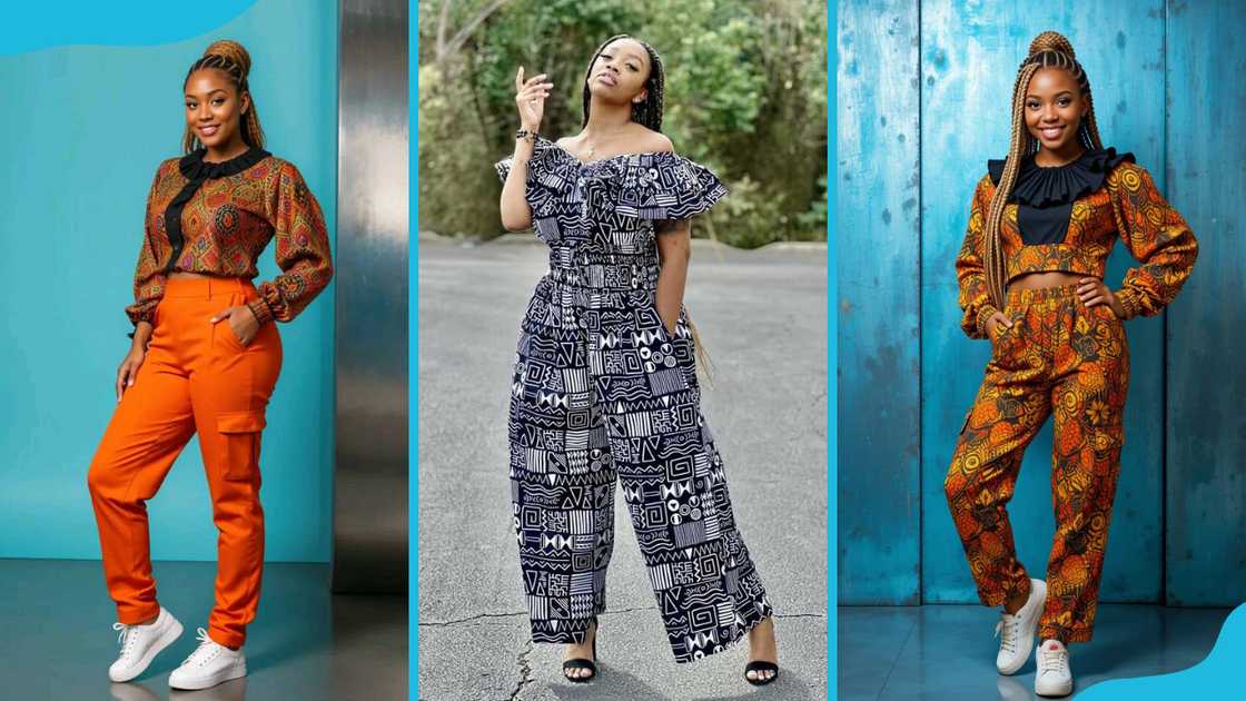 Teenagers wearing Ankara jumpsuits, tops, and pants Teenagers wearing Ankara jumpsuits, tops, and pants