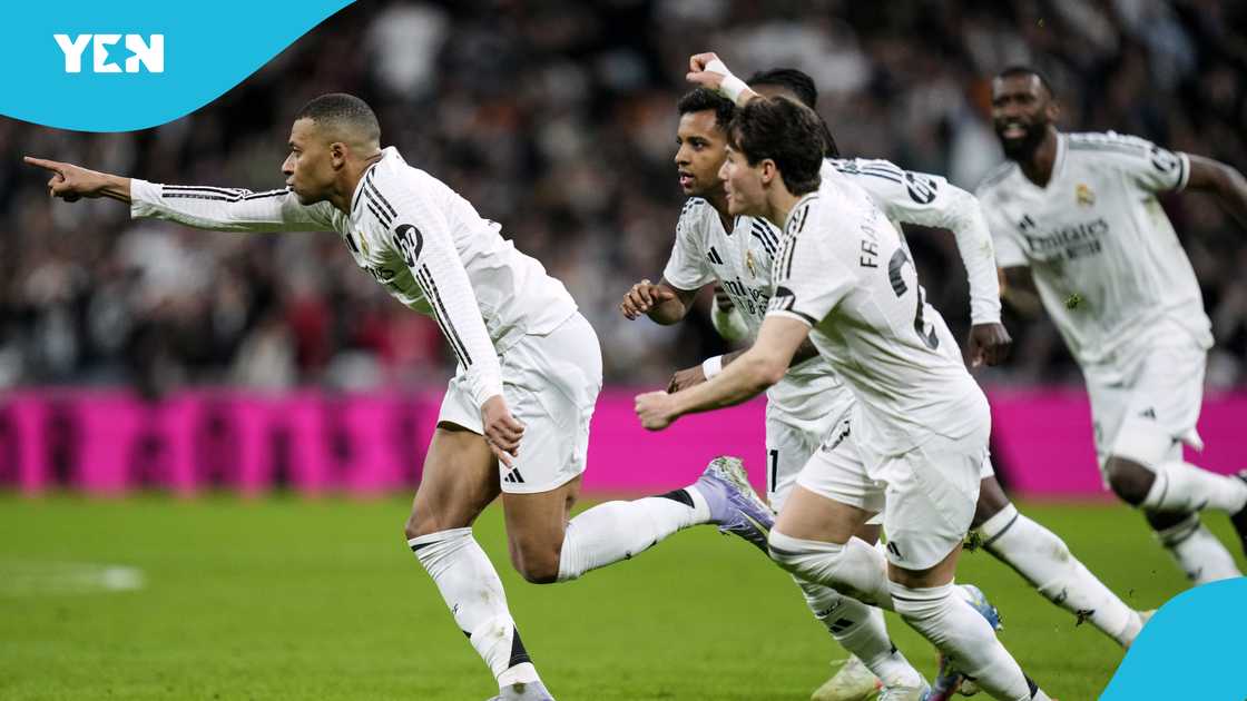 Kylian Mbappé wheels away in jubilation as his teammates chase him following his set-piece goal against Leganés. Photo by Image Photo Agency. Kylian Mbappé wheels away in jubilation as his teammates chase him following his set-piece goal against Leganés. Photo by Image Photo Agency.