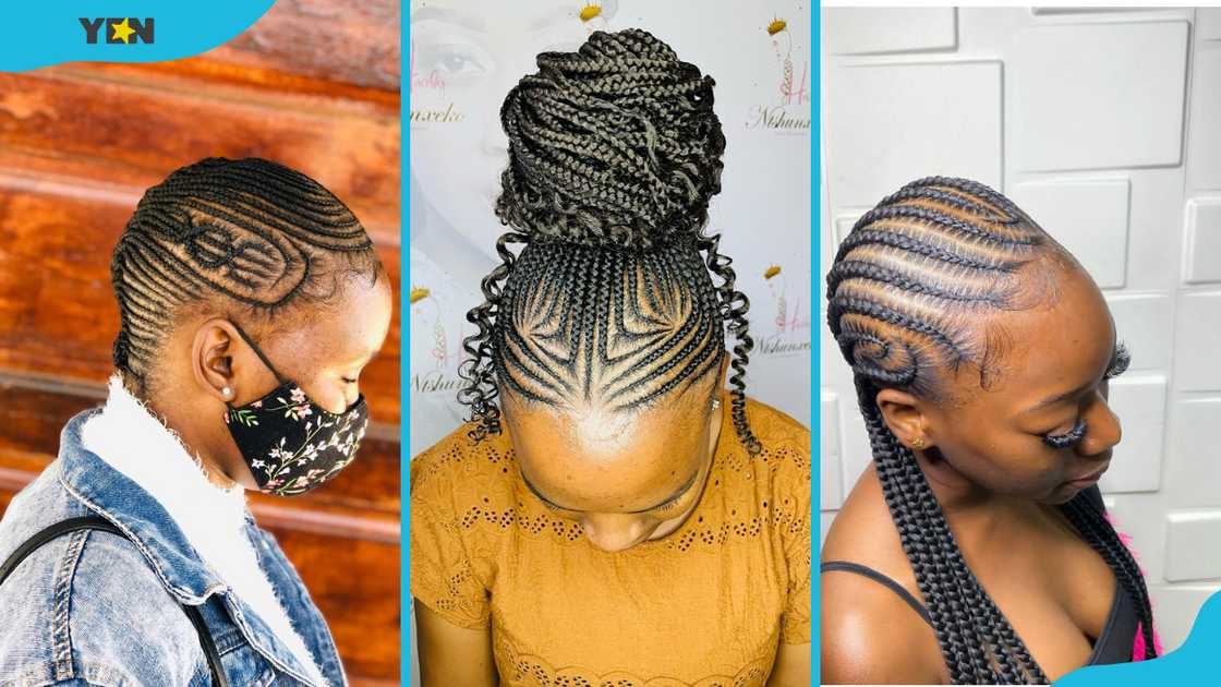 Nigerian cornrow hairstyles: side-parted patterns (L), a cornrow bun (C), and long sleek braids (R).