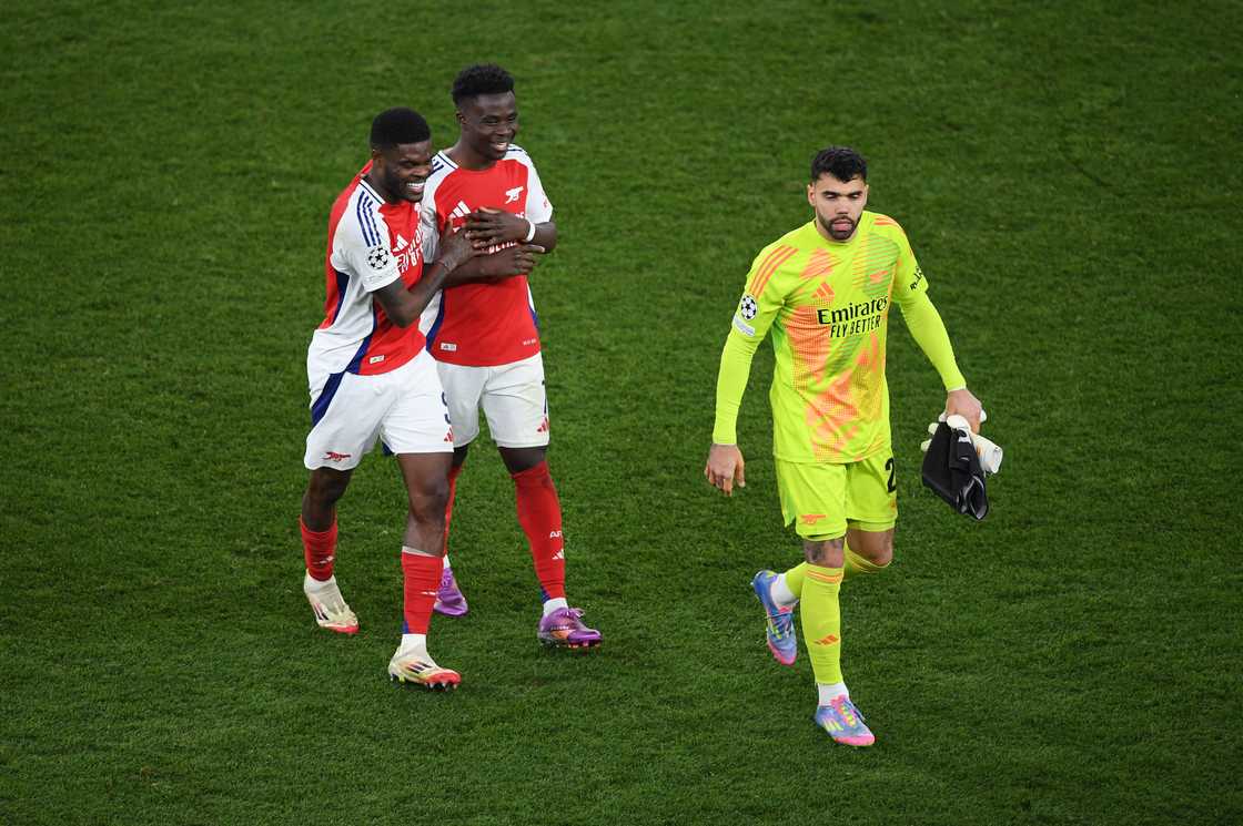 Thomas Partey, David Raya, Bukayo Saka, Arsenal, Real Madrid, 2024/25 UEFA Champions League Thomas Partey, David Raya, Bukayo Saka, Arsenal, Real Madrid, 2024/25 UEFA Champions League