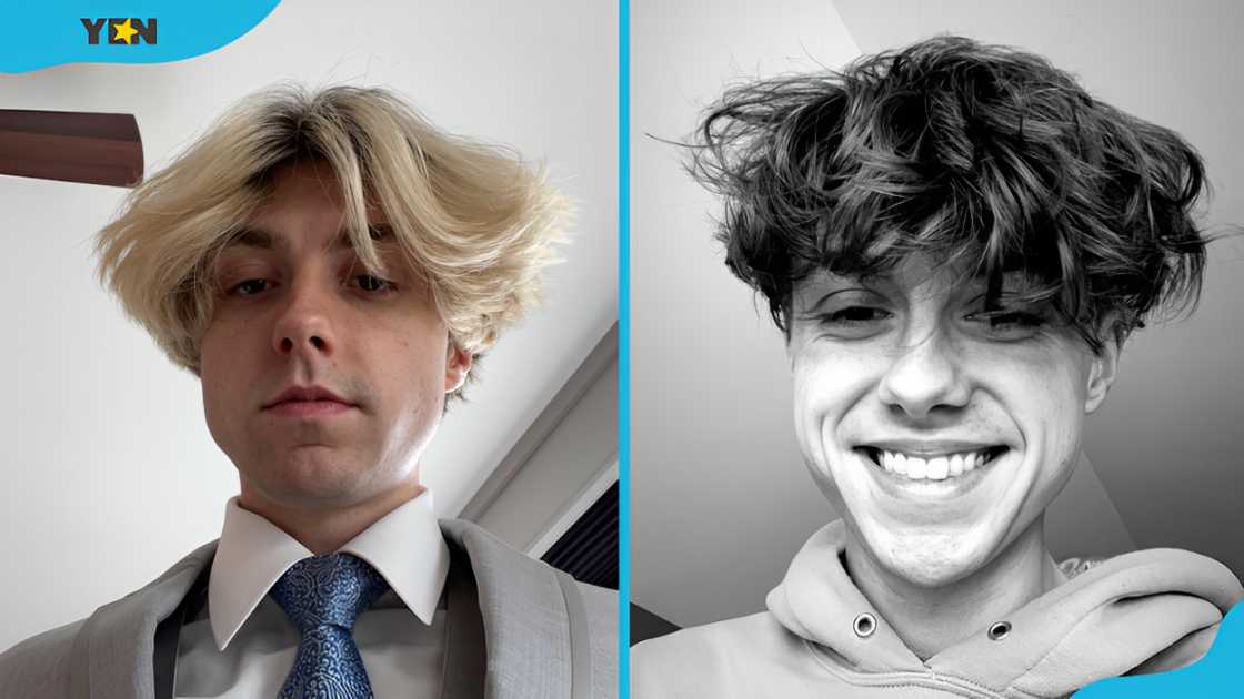 Sketch poses for a photo (L). Sketch smiles for a selfie (R) Sketch poses for a photo (L). Sketch smiles for a selfie (R)