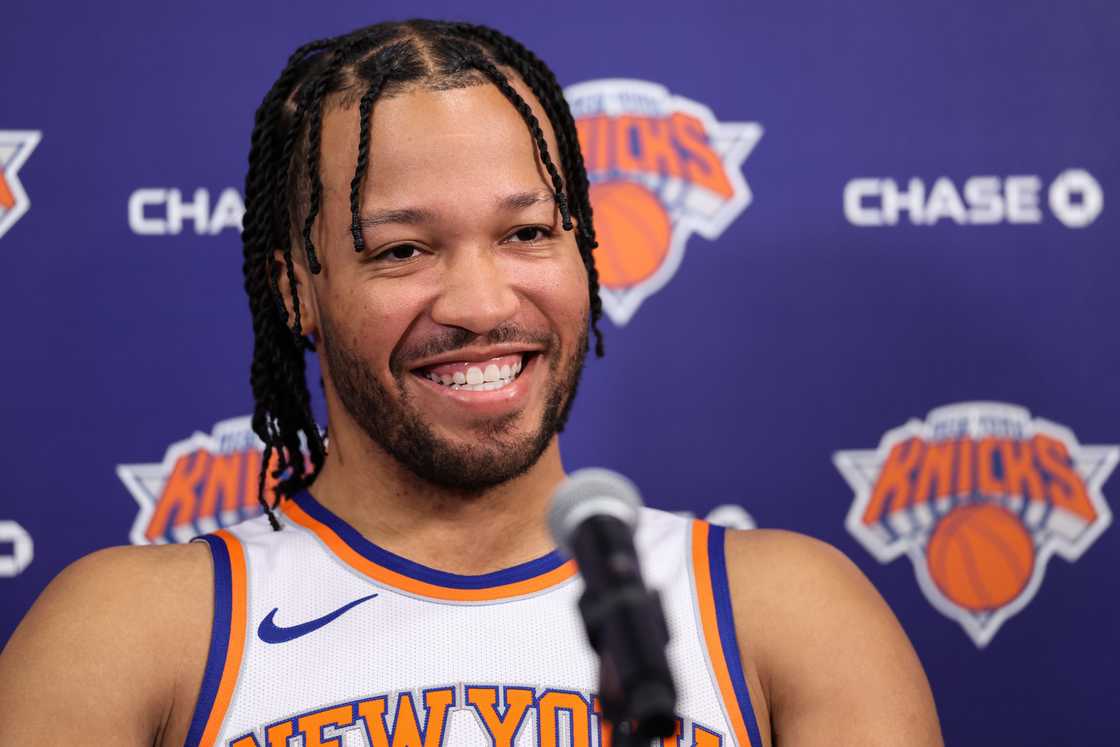 Jalen Brunson speaks at a press conference in Tarrytown, New York