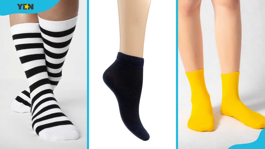 Knee-high socks (L), ankle socks, and quarter-length socks (R) Knee-high socks (L), ankle socks, and quarter-length socks (R)