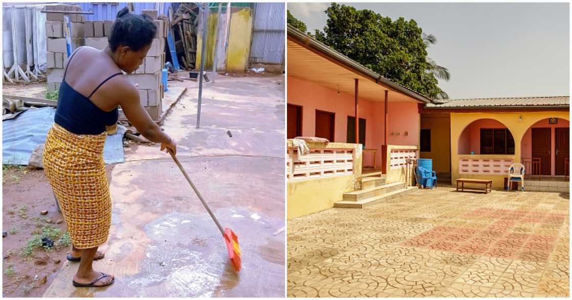 A landlady (left) sweeps the compound of her house A landlady (left) sweeps the compound of her house