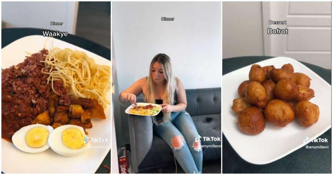Photos of a white lady eating and the local Ghanaian foods she prepared Photos of a white lady eating and the local Ghanaian foods she prepared