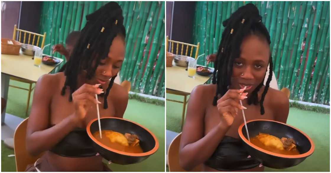 Korra Obidi sips soup and 'fufu' with a straw. Korra Obidi sips soup and 'fufu' with a straw.