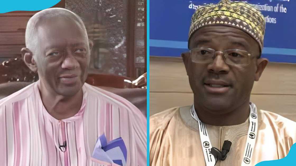 Malik Al-Hassan Yakubu is sitting on a leather chair (L). He is standing next to a blue banner (R)