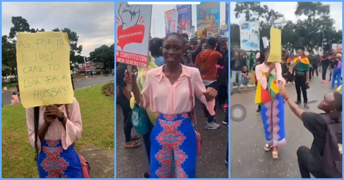 Photo of a young lady being proposed to at a protest Photo of a young lady being proposed to at a protest