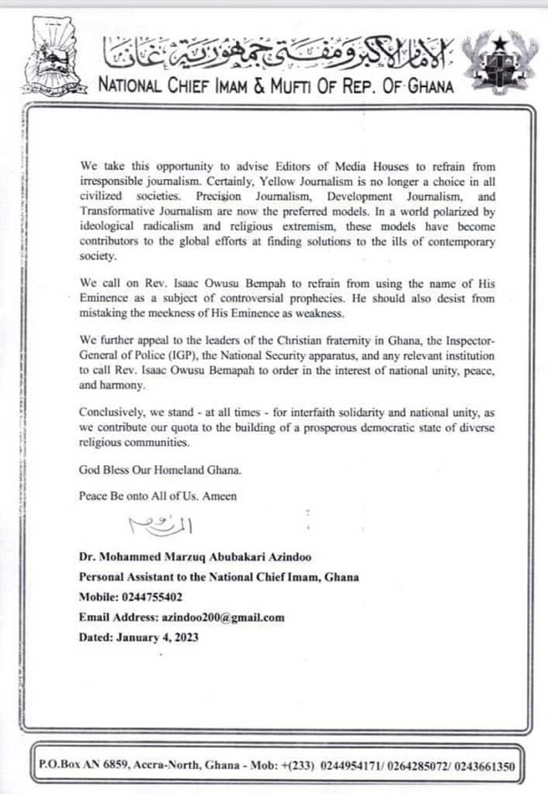 Owusu Bempah: Chief Imam Slams Prophet For False Claims About Him And Calls On Police To Intervene. Owusu Bempah: Chief Imam Slams Prophet For False Claims About Him And Calls On Police To Intervene.