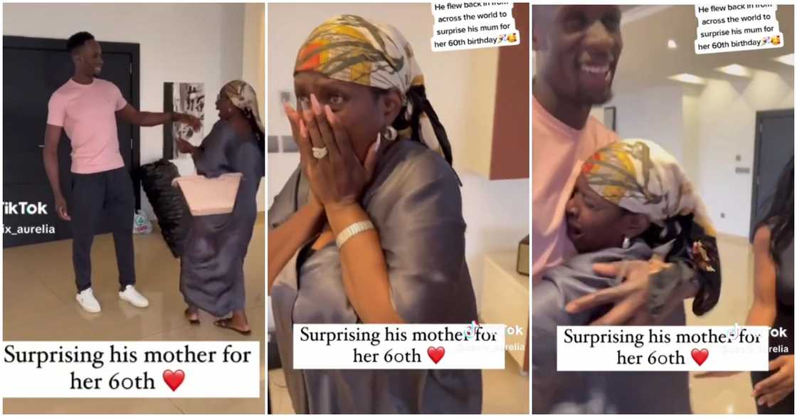 Photo of man surprising mom on birthday Photo of man surprising mom on birthday