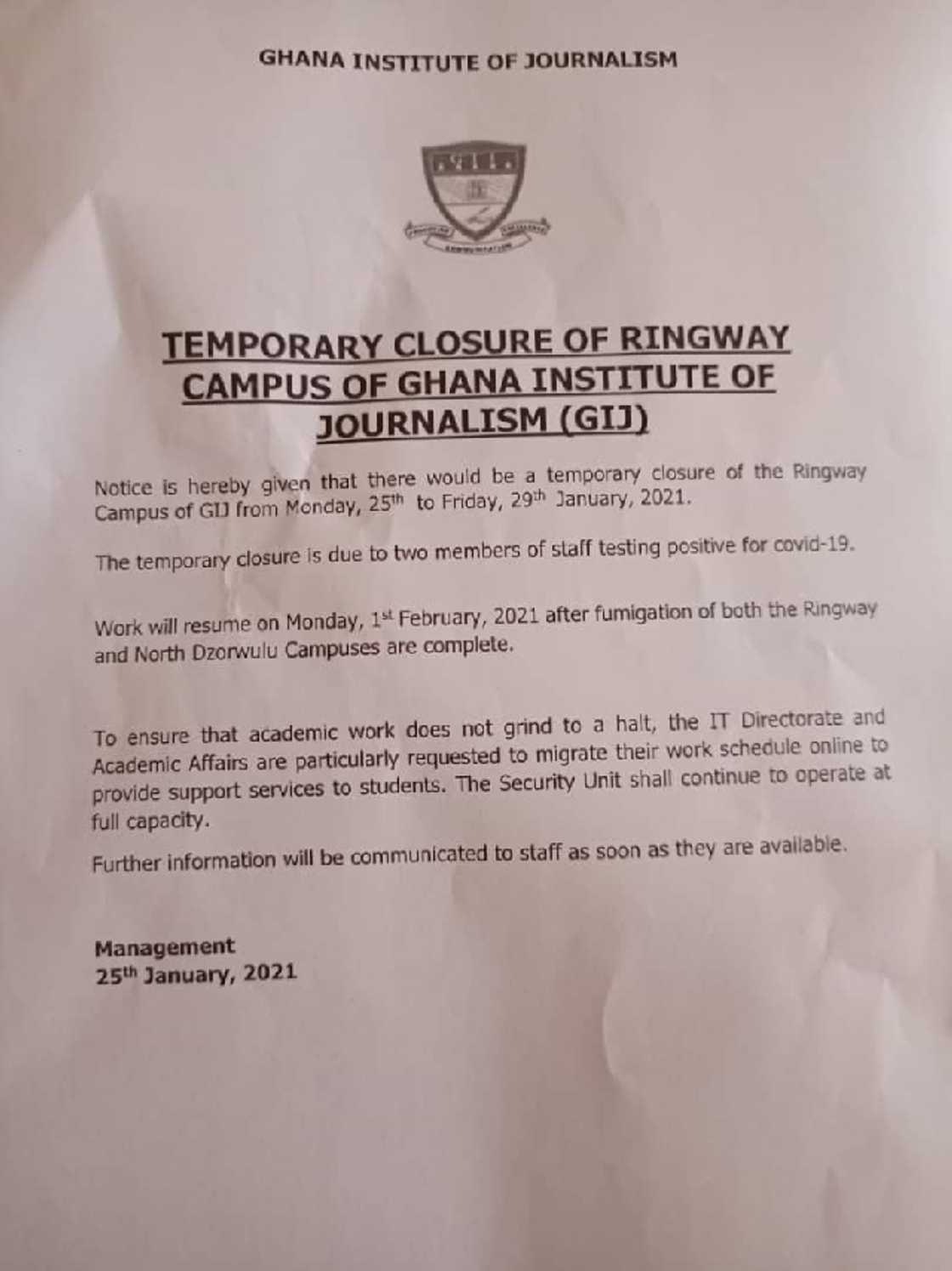 COVID-19: Two GIJ staff test positive COVID-19: Two GIJ staff test positive