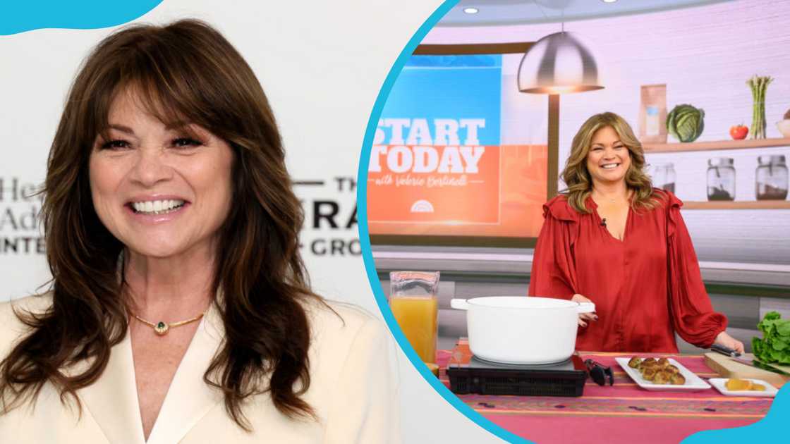 Valerie Bertinelli in a cream blazer (L) and red top during a cooking show (R) Valerie Bertinelli in a cream blazer (L) and red top during a cooking show (R)
