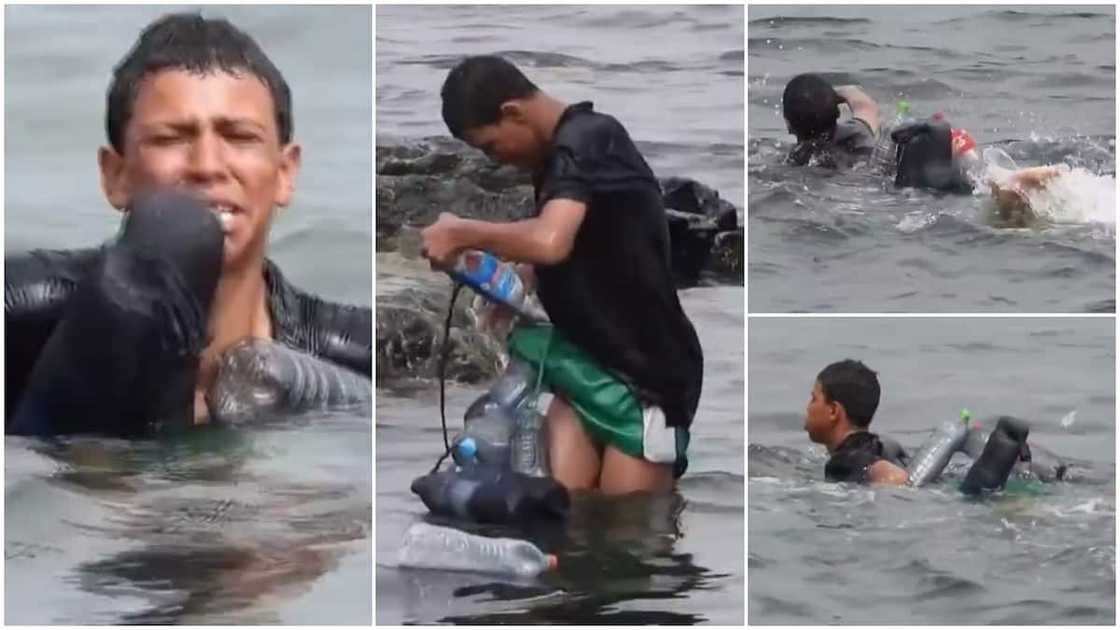 Smart young man saves himself at sea as he swims with plastic bootles Smart young man saves himself at sea as he swims with plastic bootles