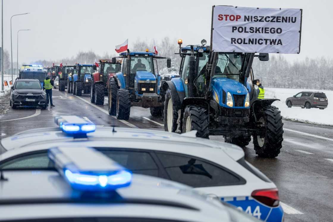 A banner reading 'Stop destroying the Polish agriculture' at the Polish-Ukrainian border crossing in Dorohusk, eastern Poland, on Friday A banner reading 'Stop destroying the Polish agriculture' at the Polish-Ukrainian border crossing in Dorohusk, eastern Poland, on Friday