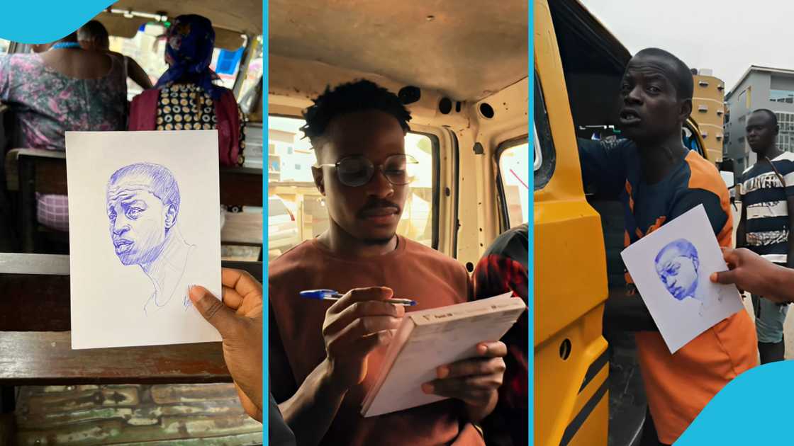 Several Nigerians by the road ask Ghanaian artist to draw them after he drew a mate in Lagos trotro.