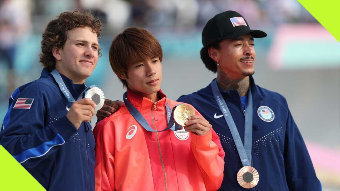 Nyjah Huston, Jagger Eaton and Yuto Horigome after the men's street skateboarding at Paris Olympics.