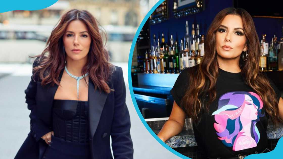 Eva Longoria in a black outfit (L) and in a black graphic tee. Eva Longoria in a black outfit (L) and in a black graphic tee.