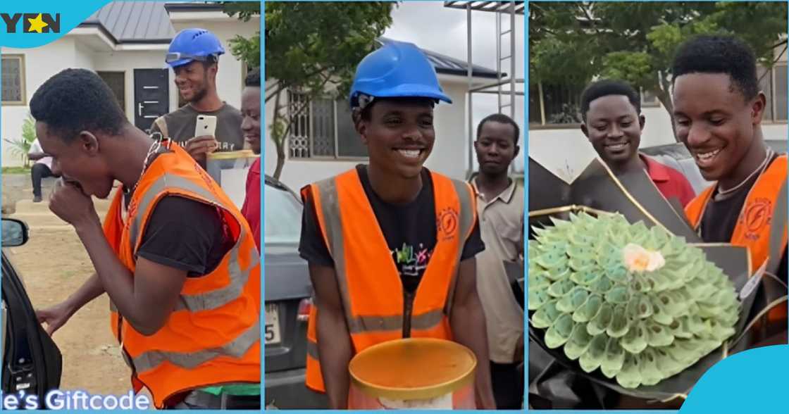 Photo of a Ghanaian electrician holding with a money bouquet and a birthday cake.