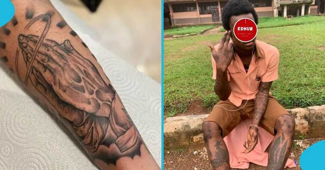 A Ghanaian senior high school student shows off his tattoos, which are in violation of GES regulations. A Ghanaian senior high school student shows off his tattoos, which are in violation of GES regulations.