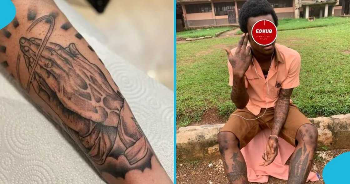 A Ghanaian senior high school student shows off his tattoos, which are in violation of GES regulations.