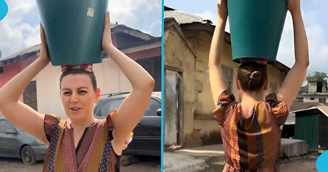 obroni lady, a bucket of water, common Ghanaian, Ghana, Dutch