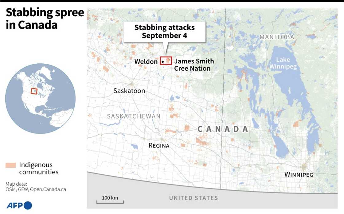 Map locating the city of Weldon in Canada and Indigenous Community of the James Smith Cree Nation, where a number of people were killed in a stabbing attacks on September 4 Map locating the city of Weldon in Canada and Indigenous Community of the James Smith Cree Nation, where a number of people were killed in a stabbing attacks on September 4