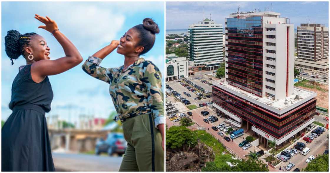 Two cheerful ladies and high-rise buildings Two cheerful ladies and high-rise buildings