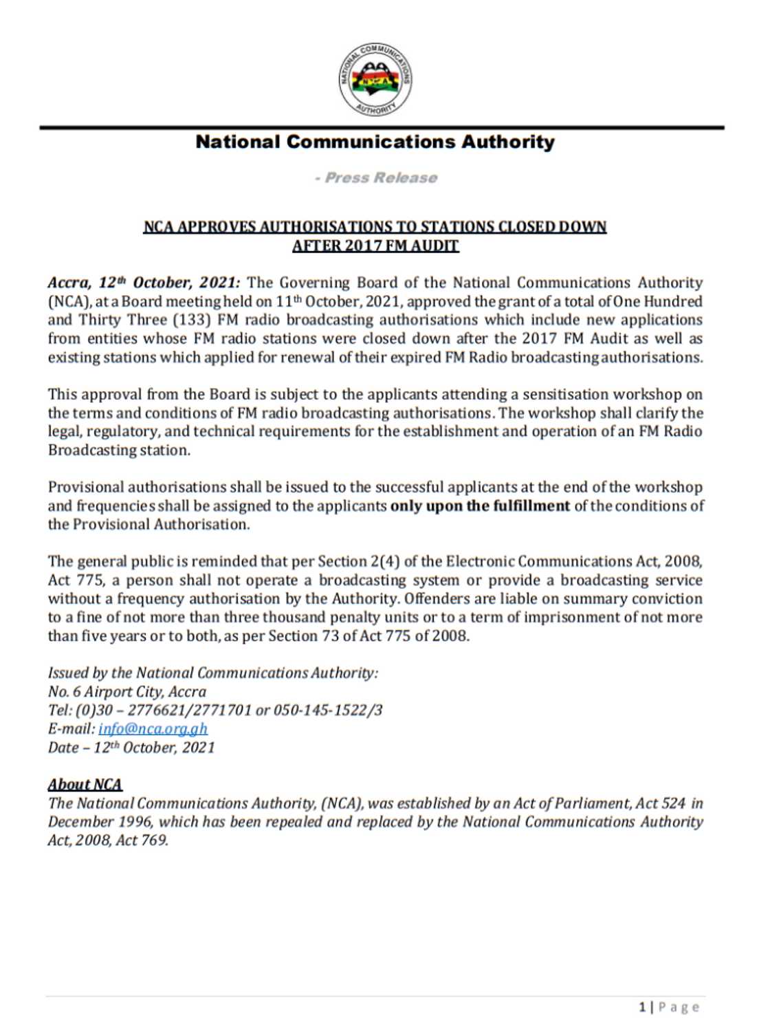 National Communications Authority approves 133 operational licenses National Communications Authority approves 133 operational licenses