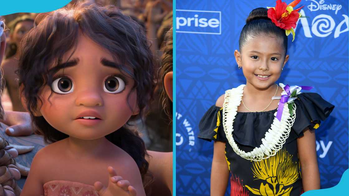 Simea, Moana's little sister (L). Actress Khaleesi Lambert‑Tsuda (R). Simea, Moana's little sister (L). Actress Khaleesi Lambert‑Tsuda (R).