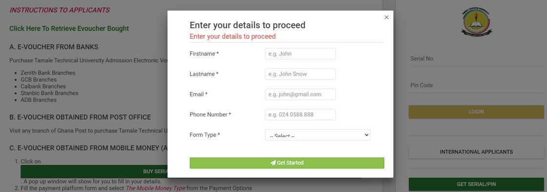 The TATU student portal registration form The TATU student portal registration form