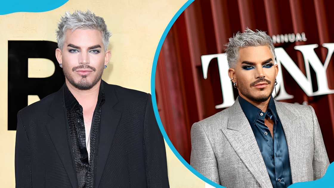 Adam lambert in a balck suit and grey coat