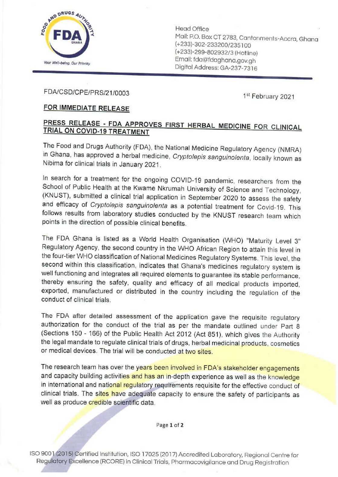 KNUST researchers get FDA approval to try out herbal mixture as treatment for COVID-19
Credit: Peacefmonline.com KNUST researchers get FDA approval to try out herbal mixture as treatment for COVID-19
Credit: Peacefmonline.com