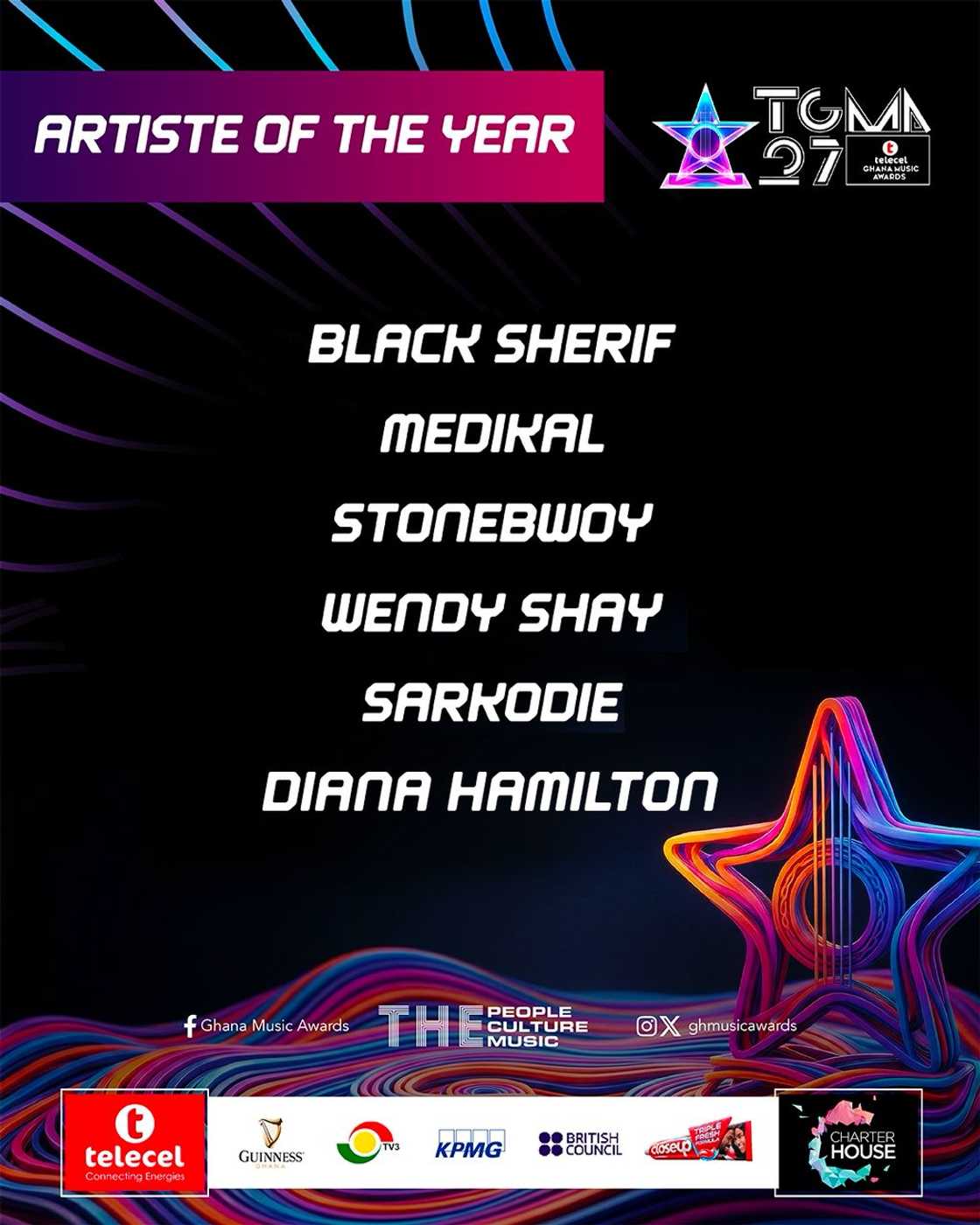 Diana Hamilton, Wendy Shay, Stonebwoy, 2026 TGMA, Ghana Music Awards, Black Sherif, Medikal, Sarkodie Diana Hamilton, Wendy Shay, Stonebwoy, 2026 TGMA, Ghana Music Awards, Black Sherif, Medikal, Sarkodie