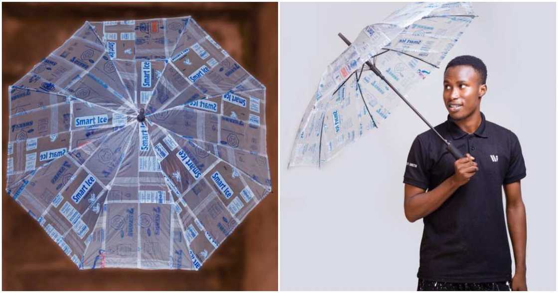 Creative in Ghana designs umbrella from water sachets Creative in Ghana designs umbrella from water sachets