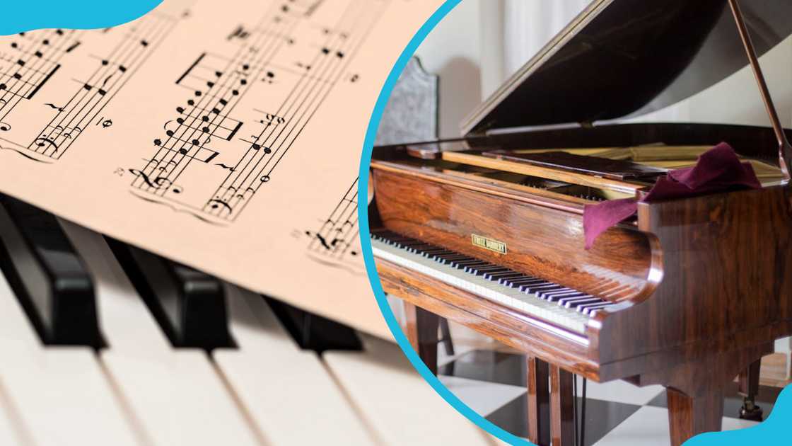 Sheet music on a piano keyboard (L). A grand piano with a polished wood finish (R)