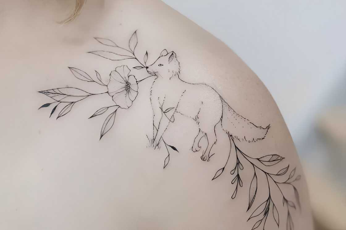 A wild dog in a bush front shoulder tattoo A wild dog in a bush front shoulder tattoo