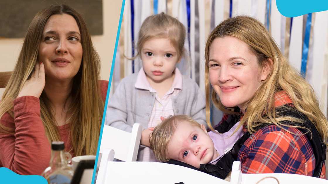 Drew Barrymore during season two of Odd Mom Out (L). Drew Barrymore, Olive, and Frankie attend the Baby2Baby Holiday Party (R) Drew Barrymore during season two of Odd Mom Out (L). Drew Barrymore, Olive, and Frankie attend the Baby2Baby Holiday Party (R)