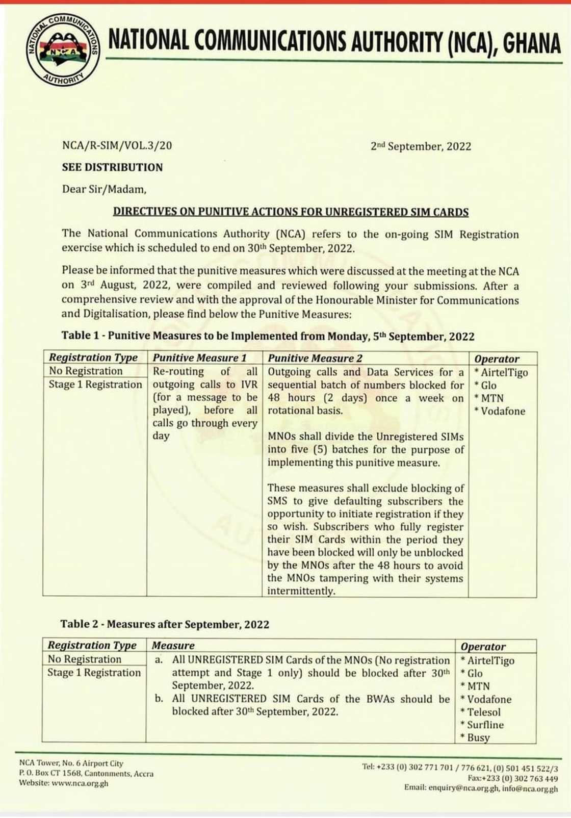 NCA statement on sanctions against unregistered SIM card users NCA statement on sanctions against unregistered SIM card users
