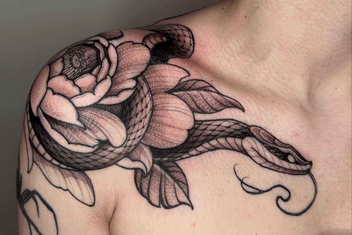 A black and grey Rose and snake shoulder tattoo A black and grey Rose and snake shoulder tattoo