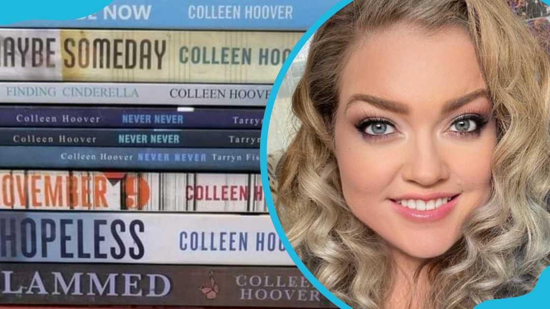 A collection of Colleen Hoover's books (L), Colleen Hoover (R)